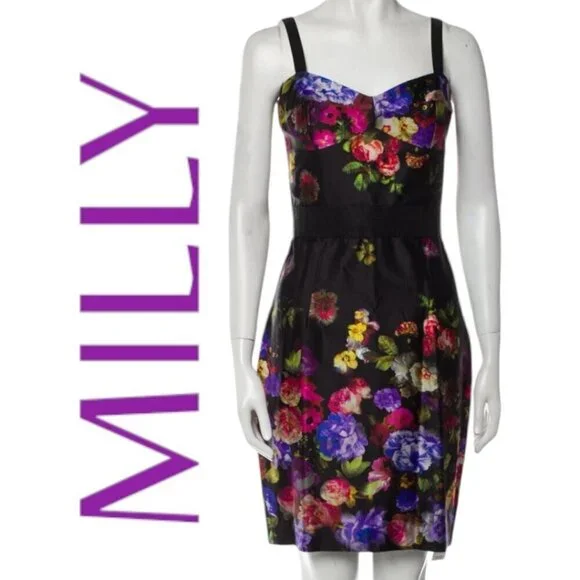 NWT MILLY Black Floral Print Strappy Bustier Sheath Square Neck Cocktail Dress 6